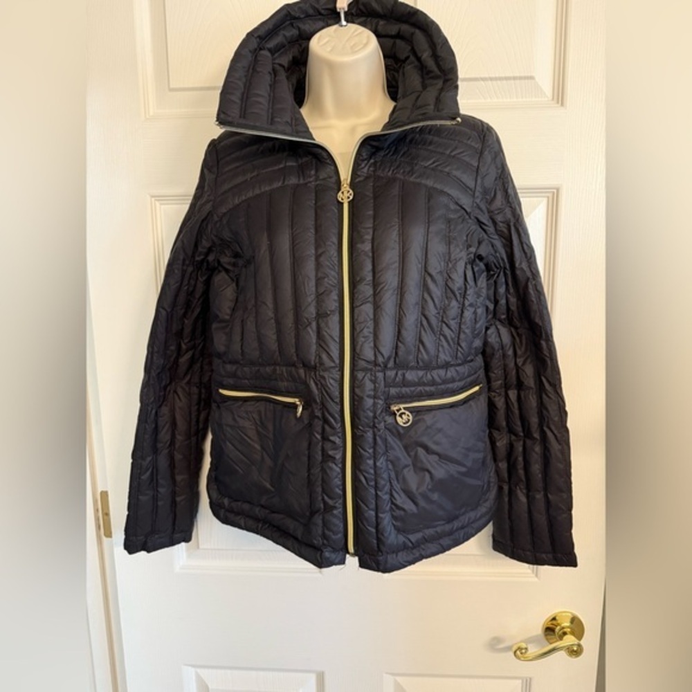 Michael Kors Packable Down Fill Black Puffer Jacket with Gold Accents Size Small